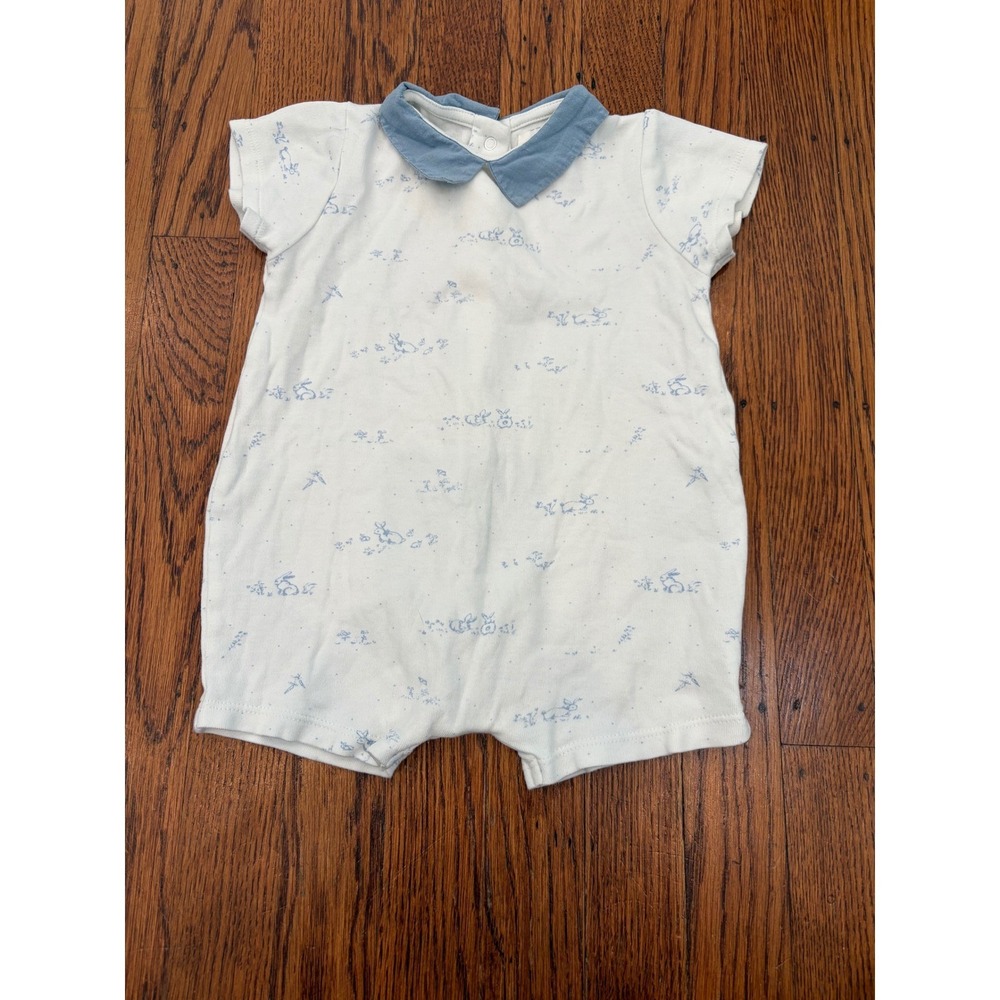 Cyrillus Paris Baby Boy White Blue Bunny Print Peter Pan Collar Romper 6M